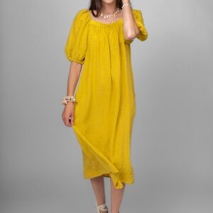 Me & Gee Italian Linen Yellow Midi Dress with Puff Sleeves